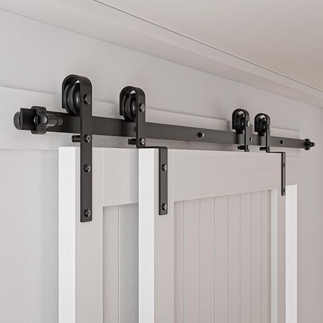 6FT/183CM Rail Porte Coulissante Systeme Quincaillerie Ensemble Industriel pour Bypass Double Portes Interieur Facile à Installer, Forme J noire (1/5)