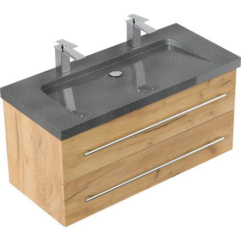 Badmöbel Granit G654 Damo 100 cm 2 Hahnlöcher SoftClose eiche gold