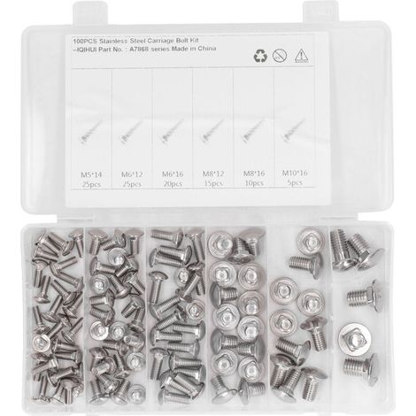 Boulon à tête carrée en acier inoxydable 100, écrous de chariot ronds, 304 pièces, 6 spécifications (1/5)