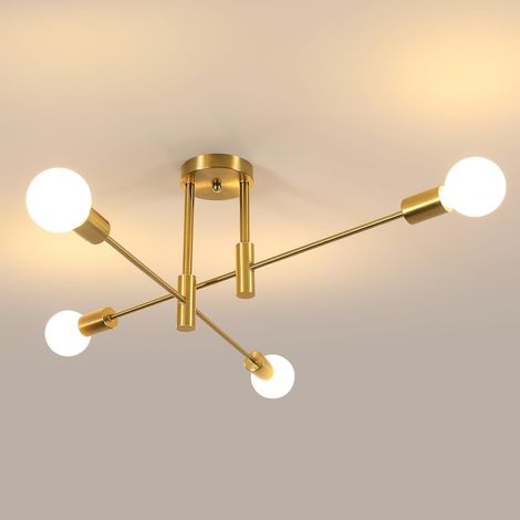 Plafonnier Industriel 4 Lumières - Métal Doré Réglable - Style Rétro Vintage - Pour Salon Cuisine Chambre - 71x71x26,5 cm (1/5)