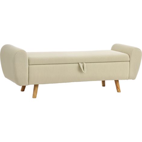 Coffre de rangement rembourré 73 L en velours côtelé beige, banc-coffre avec accoudoirs et pieds en bois d'hévéa (1/5)