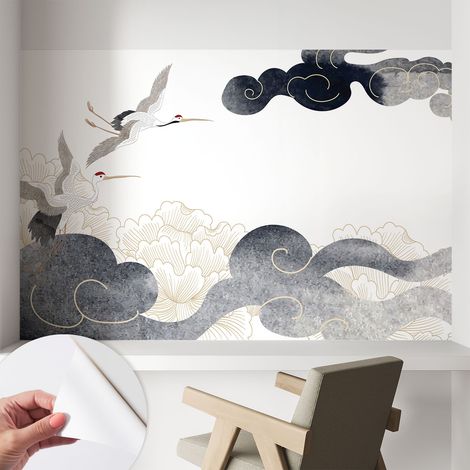 Papier peint autocollant décoratif à motifs pour salon chambre et bureau Tapete adhésif pour décoration Grues en vol 104x70 cm (1/5)