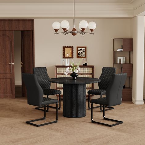 Ensemble table ronde 100 cm + 4 chaises salle à manger en MDF noir, pieds cylindriques, fixation Velcro, dossier losange (1/4)