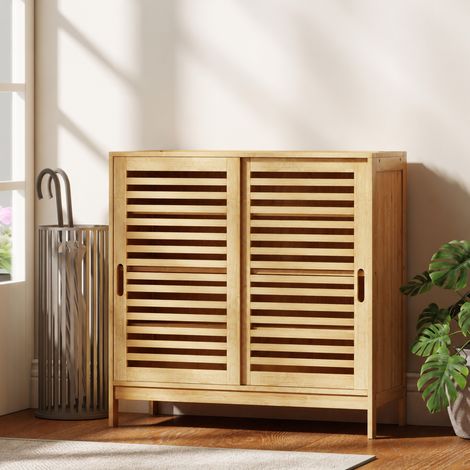 Meuble à chaussures en bambou 16 paires, armoire à chaussures, 2 portes coulissantes, étagères réglables, bois naturel (1/5)