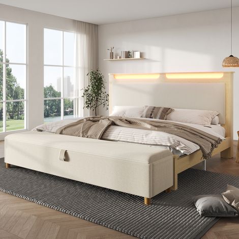 DESVIAE Lit double 160 x 200 cm avec banc coffre tête de lit avec rangement et LED tissu côtelé beige décor chêne clair (1/5)