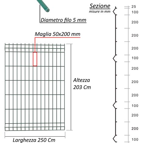 3 Pezzi Pannelli rigidi recinzione rete plastificata Ø 5mm 250 cm modulare - Componenti: Pannello H 203 cm