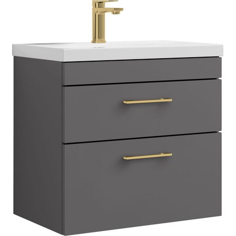 Millwich 2 Drawer Wall Hung Vanity Basin Unit - 600mm - Gloss Grey with Brushed Brass D-shaped handles (Tap Not Included)