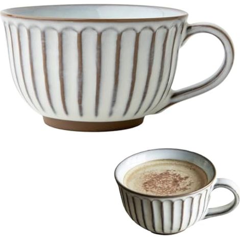 Tasse à café grande, 400 ml, tasse grande, bol en céramique avec poignée, tasse à café, bols pour céréales, saladier avec poignée, tasses cappuccino XXL, bols Ramen (Blanc+rayures) (1/5)