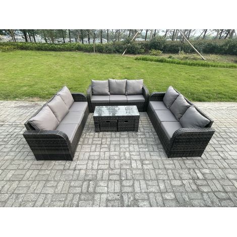 Fimous 11-Sitzer Polyrattan Gartenmöbel Set Patio Sofa Set mit Couchtisch 2 kleine Fußhockern Dunkelgrau Gemischt