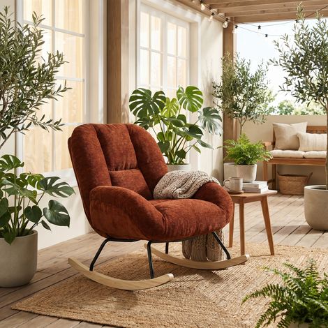 Meubles Cosy Lithops Fauteuil à bascule rocking chair scandinave en tissu chenille rouge avec pieds en bois de hêtre (1/5)