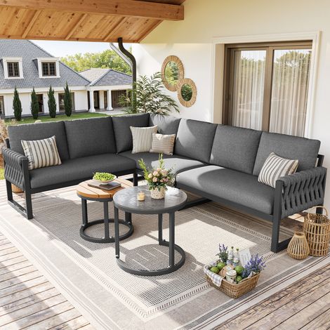 Conjunto modular de salón de jardín gris para 5-6 personas con mesas y cojines repelentes al agua (1/5)