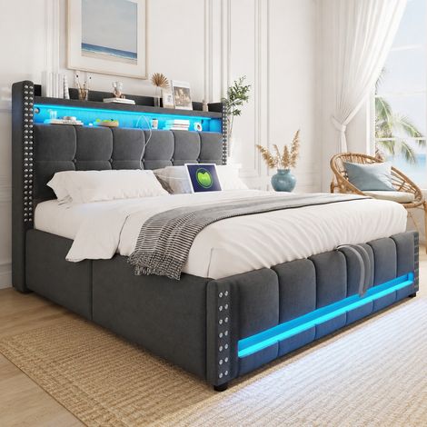 Cama doble 140x200 cm con LED, arcón hidráulico, gris, madera, sin colchón FloraGrace (1/5)