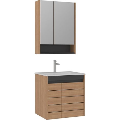 Meuble avec simple vasque et miroir "Ricato 60" - 61 x 47 x 62 cm - Oak (1/4)