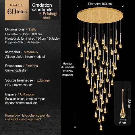 Lustre suspension spirale cristal escalier duplex, silhouette cintrée 60 têtes, modèle décalé, gradation continue, réglable 180 cm, 1 kg – Livraison gratuite