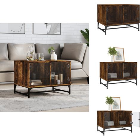 Table basse avec portes en verre chêne fumé 68,5x50x50 cm - Table Basse - Meuble TV - Table D'appoint - Table Design - Table En Bois (1/5)