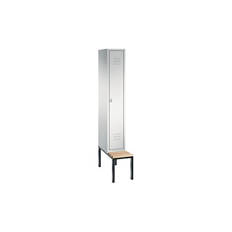 Garderobenschrank, untergeb. Sitzbank, BxTxH 320x500x2090 mm, 1 Abteil, Abt.B 300 mm, Holzleisten, Drehriegel, RAL 7035 (1/2)
