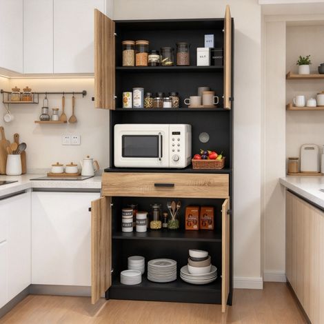 Buffet de cuisine 80x40x180cm, 4 portes, 1 tiroir avec passe-câble, meuble haut de rangement pour cuisine et salle à manger, noir, naturel (1/5)