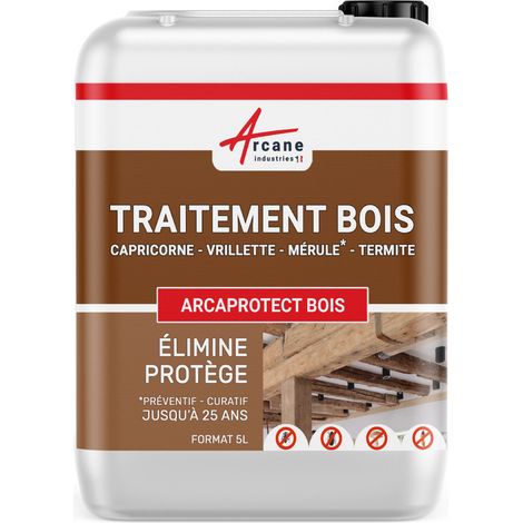 Arcane Industries – Traitement bois préventif et curatif contre insectes xylophages et champignons – Pour charpentes, poutres, terrasses – 5 L