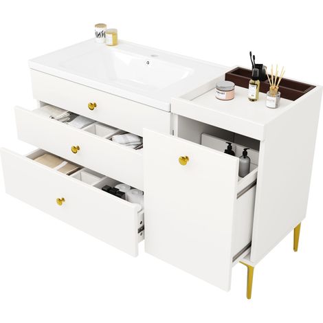 ELVMI Mueble Bajo Lavabo con 5 Cajones, 1 Armario y Lavabo de Cerámica, Baño, MDF, 120 x 47.5 x 80 cm, Blanco (1/5)