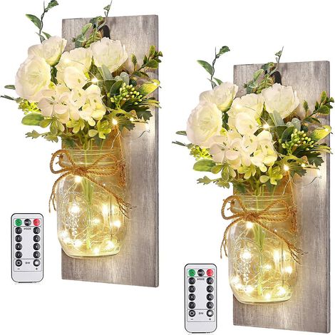 Ensemble de 2 appliques murales LED en bocaux Mason avec roses blanches artificielles - Décoration murale avec minuterie et télécommande pour salon et chambre (1/5)