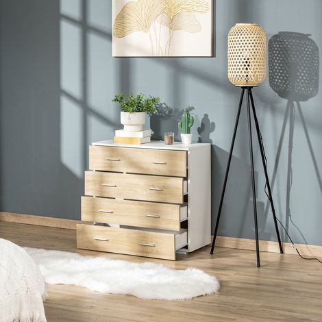 Commode blanche et chêne 4 tiroirs 76x35x72cm avec poignées en aluminium (1/5)
