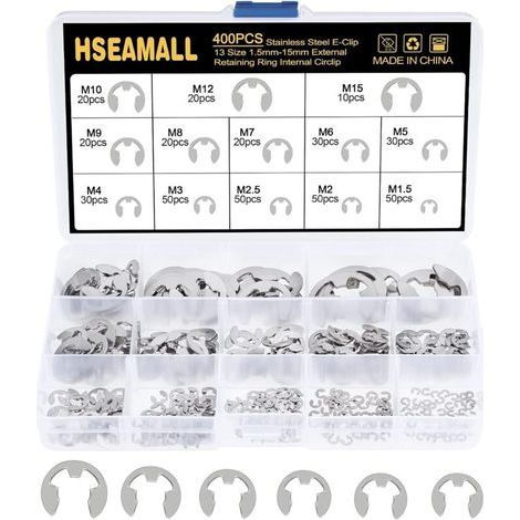 Kit de 400 circlips en acier inoxydable de 13 tailles différentes (1,5/2/2,5/3/4/5/6/7/8/9/10/12/15 mm) avec boîte en plastique. (1/5)
