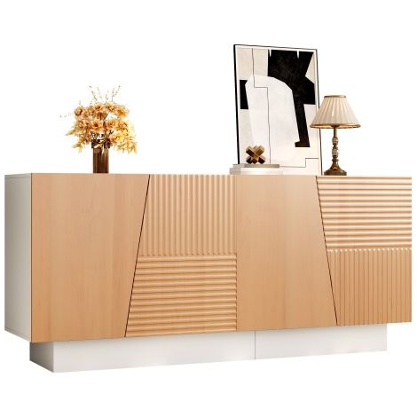 Buffet bas style scandinave à façades rainurées couleur bois naturel et blanc dimensions 160×40.5×72cm 4 portes avec étagère intérieure pour salon et salle à manger