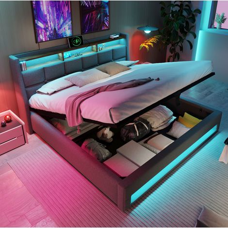 letto contenitore 160x200 con USB LED grigio OKMYHOME (1/5)