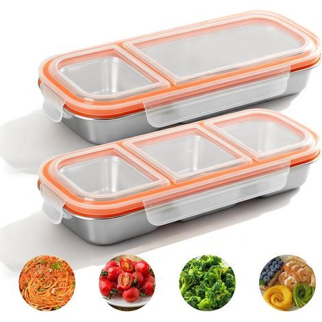 Lot de 2 boîtes à goûter réutilisables en acier inoxydable avec 3 compartiments/2 compartiments, anti fuite avec couvercle, bol à collation en déplacement, boîte à déjeuner en métal pour (1/5)