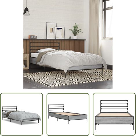 The Living Store Bettgestell Grau Sonoma 75x190 cm Holzwerkstoff und Metall - Holzbettfassungen - Bettkörper Grau - Doppelbett Gestell - Lattenrost - Einzelbett Rahmen (1/5)