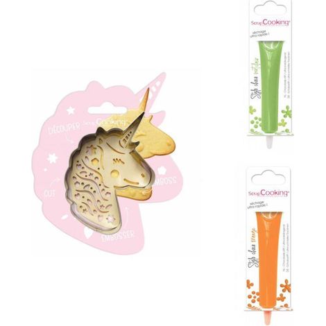 Kit pour biscuit en relief Licorne + 2 Stylos au chocolat vert clair et orange