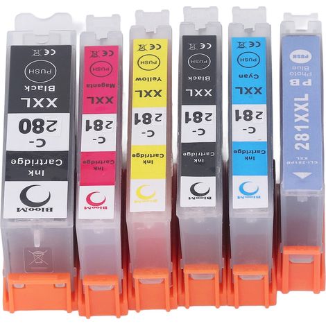 Cartouches d'encre 280/281, pack combiné de cartouches à impression fluide, compatibles avec PIXMA TS702 TR7520, 6 couleurs (noir, noir, cyan, magenta, bleu).
