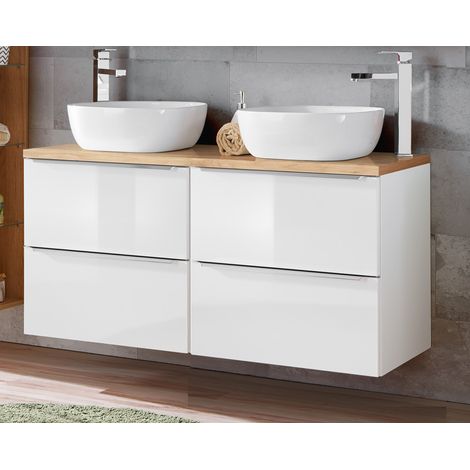Doppel-Waschtisch Set inkl. 2 Keramik-Aufsatzwaschbecken TOSKANA-56 Hochglanz weiß & Wotaneiche, B/H/T ca.: 121/64/46cm (1/5)