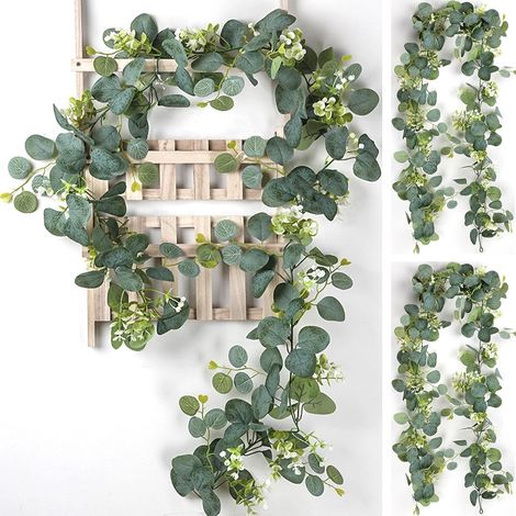 Lot de 2 guirlandes de plantes artificielles de 1,8 m - Guirlande suspendue avec feuilles vertes et fleurs blanches - Pour mariage, fête, décoration de table, arc, arrière-plan, décoration (1/5)