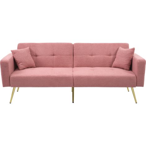 Divano letto convertibile rosa con schienale regolabile, gambe dorate, cuscini e tasche laterali (1/5)