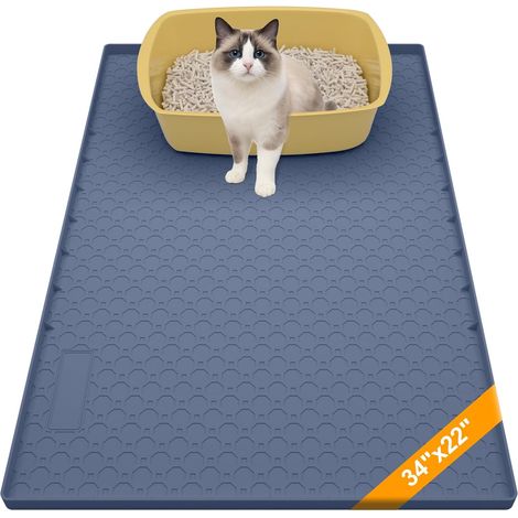 Blue Silicone Cat Litter Mat 86cmx56cm, Cat Mat for Litter Box with Raised Edges, Non-Slip and Waterproof (1/5)