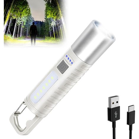 Linterna LED recargable compacta, USB-C, 4 modos, 500 lúmenes, función de zoom, ideal para cortes de luz, perfecta para acampar y emergencias en el hogar. (1/5)
