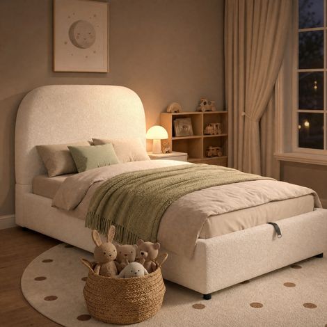 Letto singolo imbottito 90 x 200 cm con contenitore idraulico, testiera, bouclé beige (1/5)