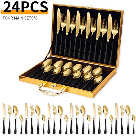 Service de table 24 pièces en acier inoxydable - Service de table - Service de table pour 6 personnes - Avec boîte de rangement - Acier inoxydable - Noir/Or (1/5)