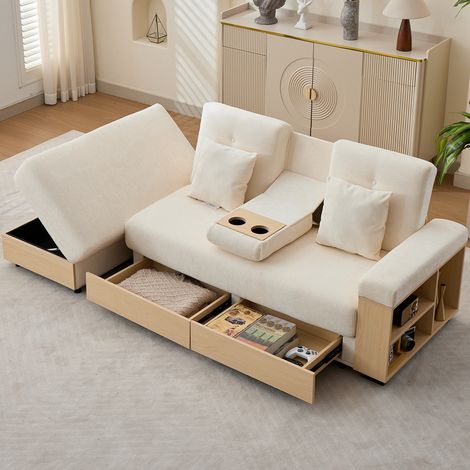 Canapé d'angle convertible 217 x 110 x 90 cm, dossier réglable 3 positions, 2 tiroirs, pouf coffre, porte-gobelet, Chenille Beige (1/5)