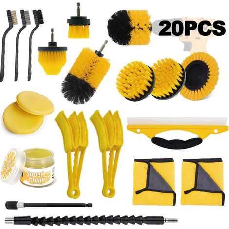 20 Pack, Car Cleaning Kit - Car Interior and Exterior Care Kit - Car Wash Kit with Brushes, Polishing Sponges, Cleaning Gel and More (Drill Not Included) (1/4)