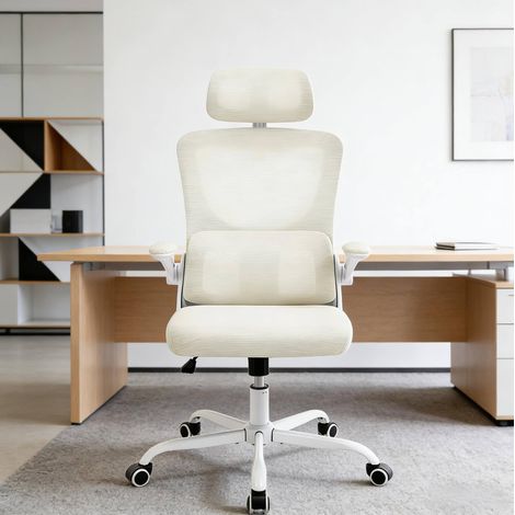 Bürostuhl mit Rädern ergonomisch Netz höhenverstellbar Beige OKMYHOME (1/4)