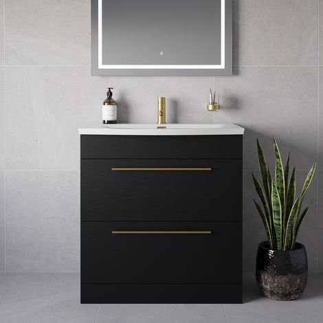 Napoli 390 Nero Oak 800mm 2 Drawer Vanity Unit with Arc Basin - 800mm - Brushed Brass 480mm Handle
