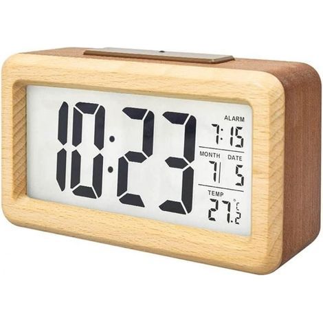 Batteriebetriebener digitaler Wecker aus Holz mit LED-Anzeige, intelligentem Sensor-Nachtlicht mit Schlummerfunktion, Datums- und Temperaturanzeige, 12/24-Stunden-Anzeige (1/5)