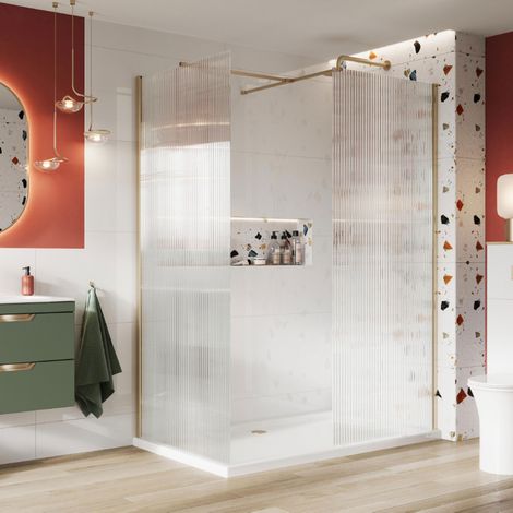 Orbit S8 Fluted Brushed Brass Wet Room Glass Panel 700mm Wide - 8mm Glass