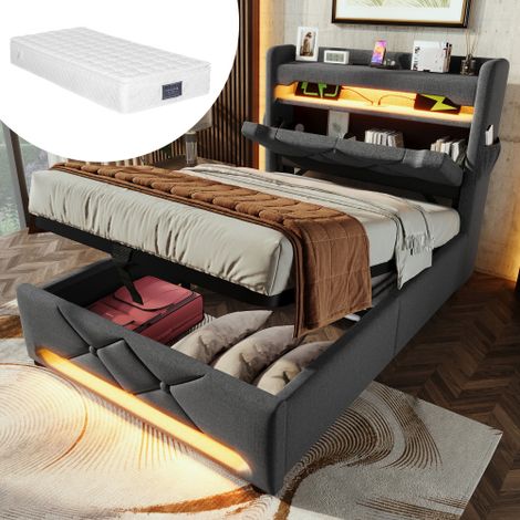 Letto singolo imbottito 90200, testiera con contenitore, porte USB e Type C, illuminazione LED a 360° intorno alla testa e ai piedi del letto, contenitore idraulico, grigio, lino (con materasso)