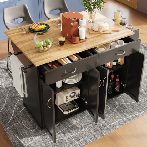 Isola da cucina 106x50x90.5 cm nera in MDF con piano pieghevole e ruote