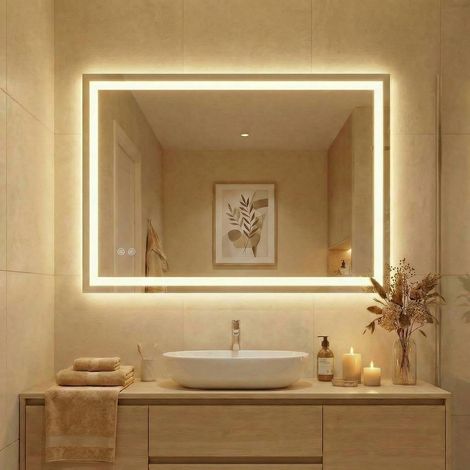 Bathroom Mirror with Lighting,70 x 50cm LED Mirror, Dimmable Mirror, Anti-Fog, Suitable for Bathroom, Bedroom, Hotel