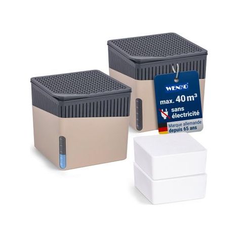 Lot de 2 déshumidificateurs Design CUBE Rechargeables 500g WENKO Absorbeur d'humidité, Anti moisissure jusqu’à 2 mois, Idéal jusqu'à 40m²,13x13x13 chaque, Beige (1/5)