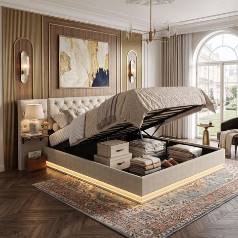 Creahappy Lit Coffre 140x200cm - Gain d'Espace - Tissu Lin Beige - Tête de Lit Capitonné avec LED et Charge Sans Fil - Contemporain (1/5)
